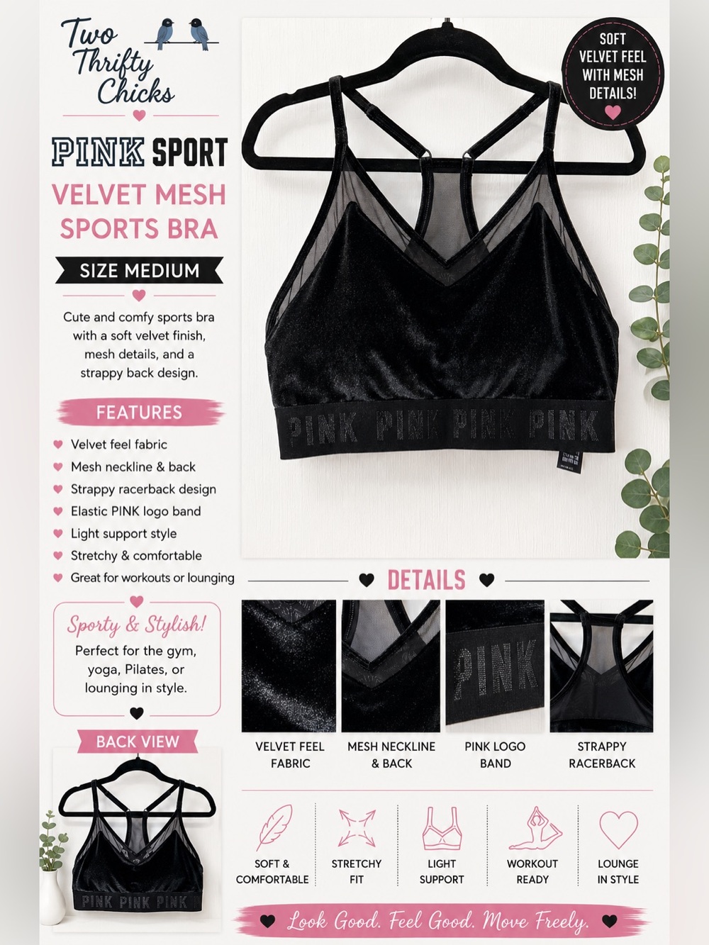 PINK Sport Velvet Mesh Sports Bra — Black — Medium GUC